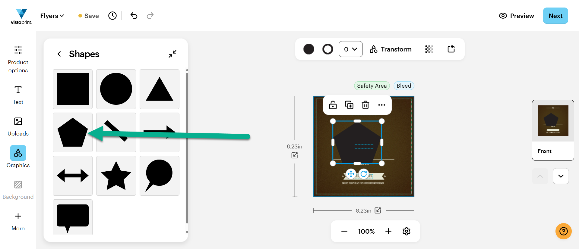 A pentagon shape is selected in the library and appears on the canvas with a blue bounding box and transformation tools.
