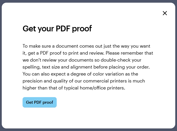 Get PDF proof dialog showing information about downloading a proof.