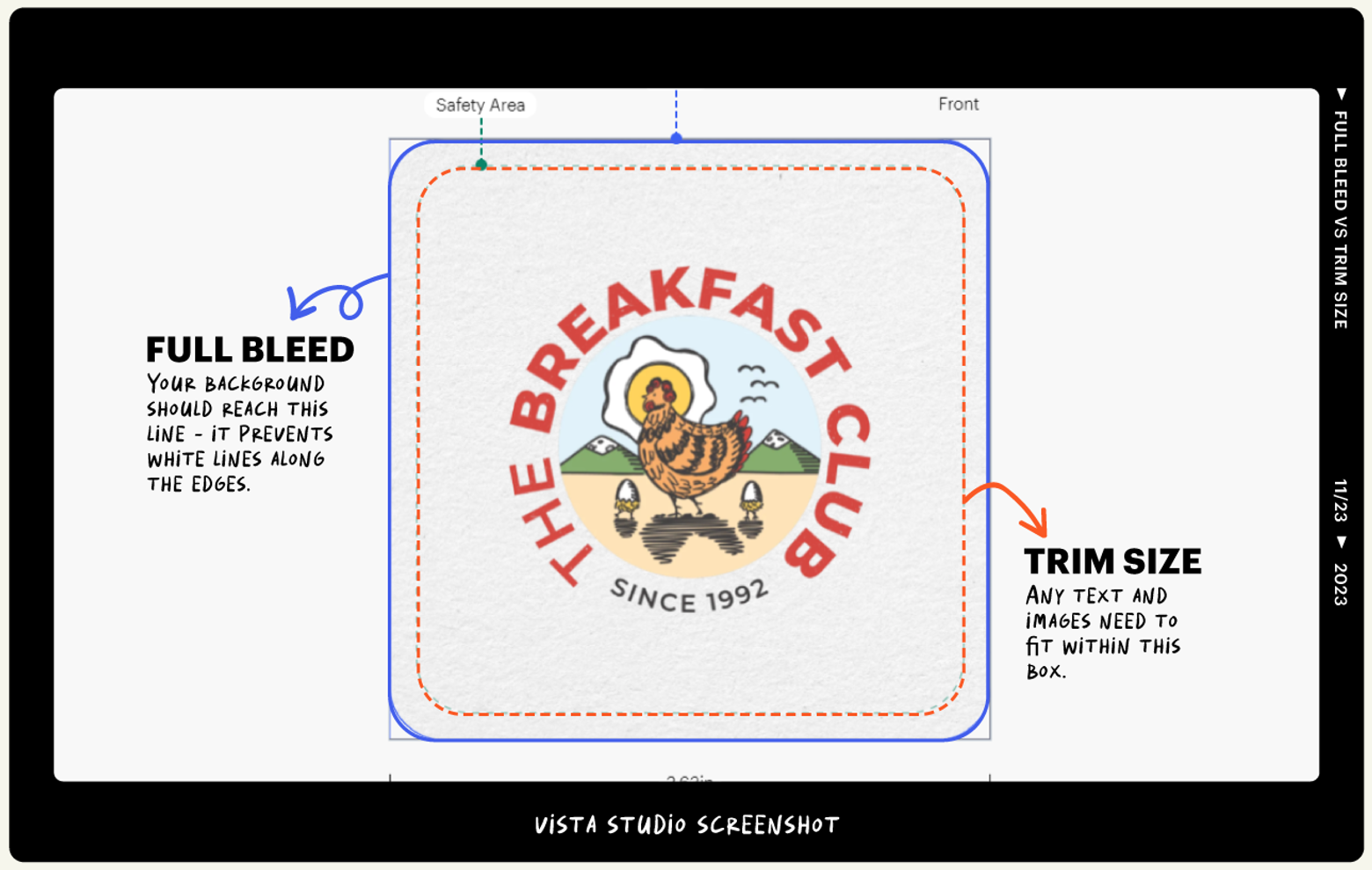 Illustration showing full bleed extending past the trim size, with a safety area inside for text and logos.