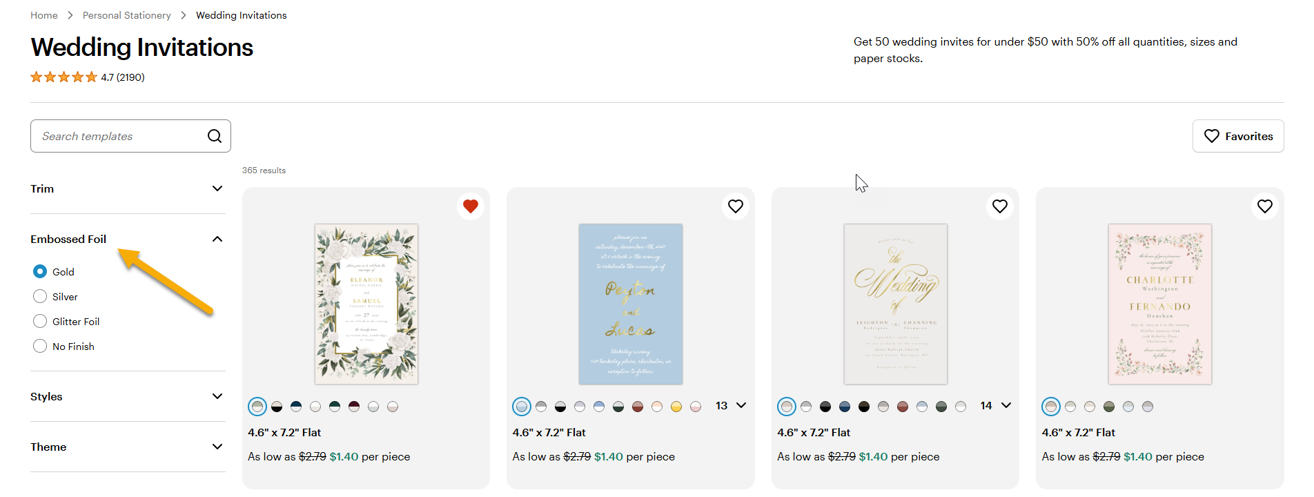 A collection of wedding invitations with an arrow pointing to Embossed Foil. You can select gold foil there.