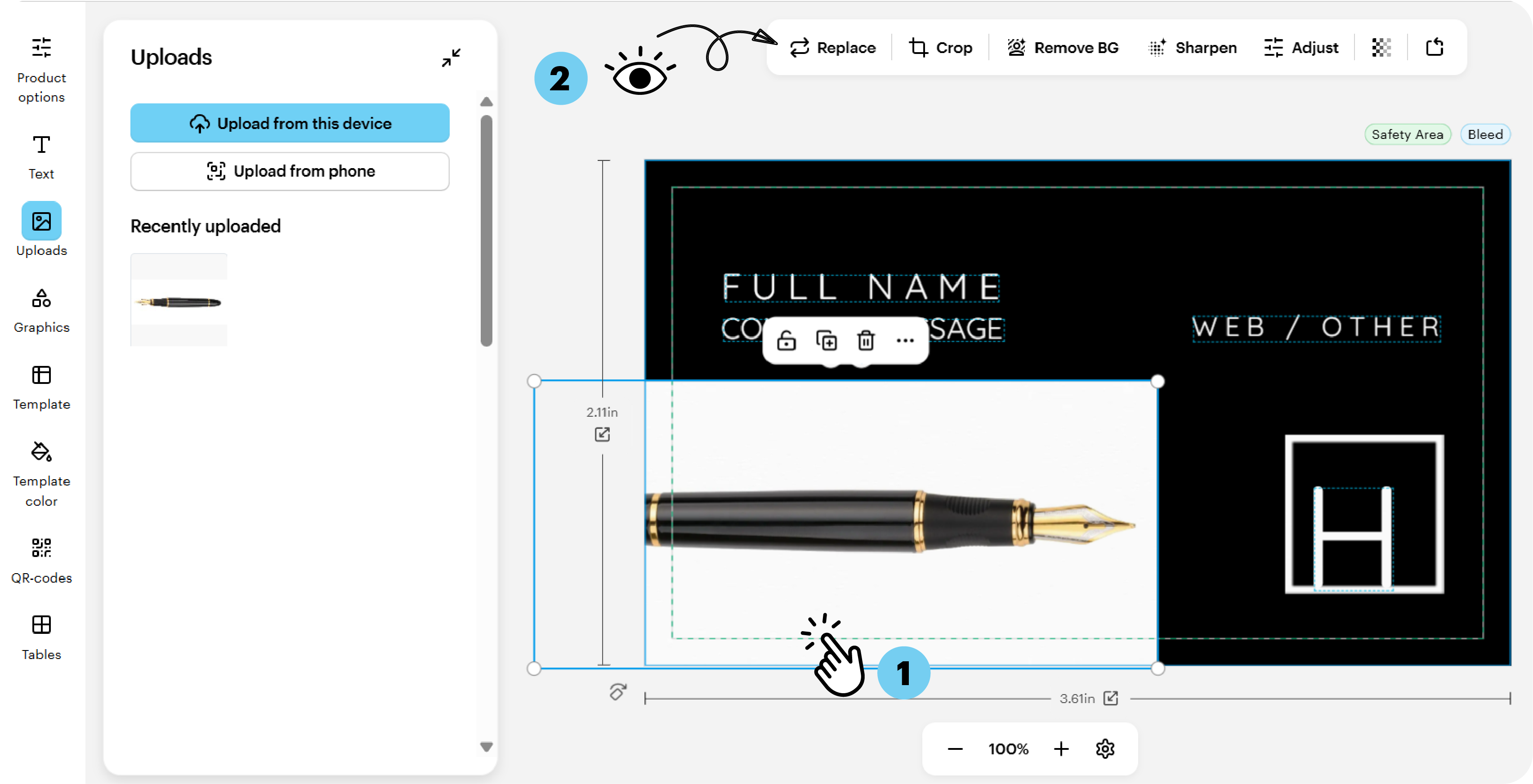 VistaPrint design studio showing a business card with an image selected and the editing toolbar highlighted.