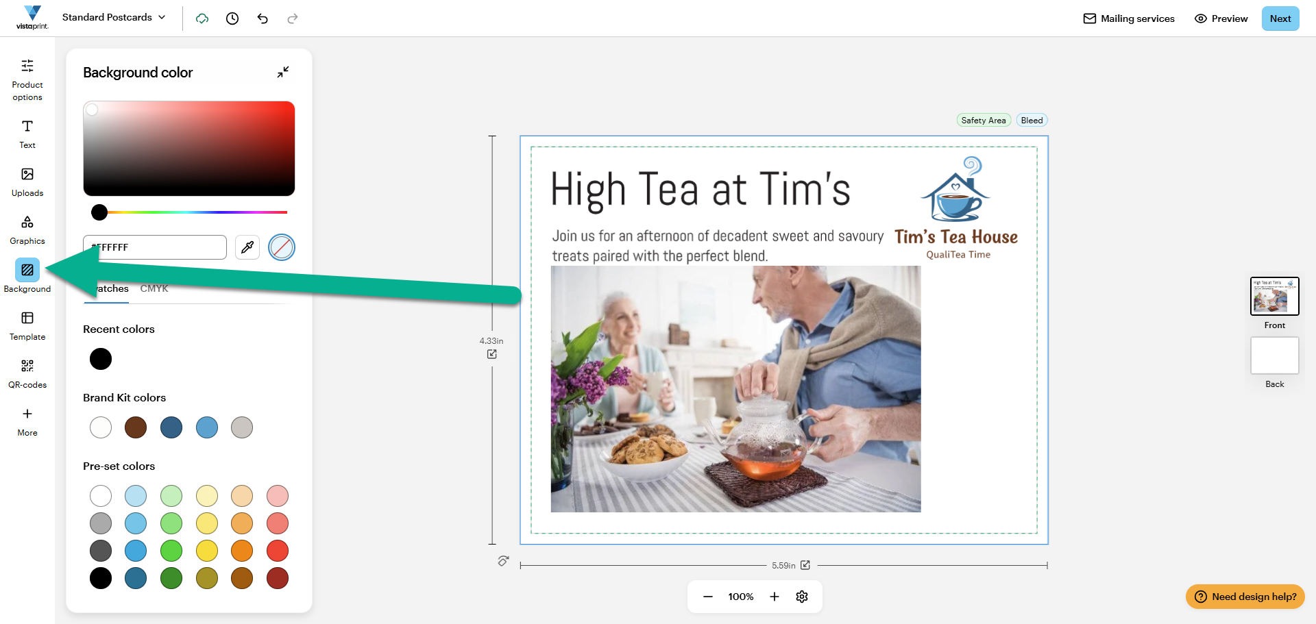 An arrow points to the Background icon in the VistaPrint studio side menu.