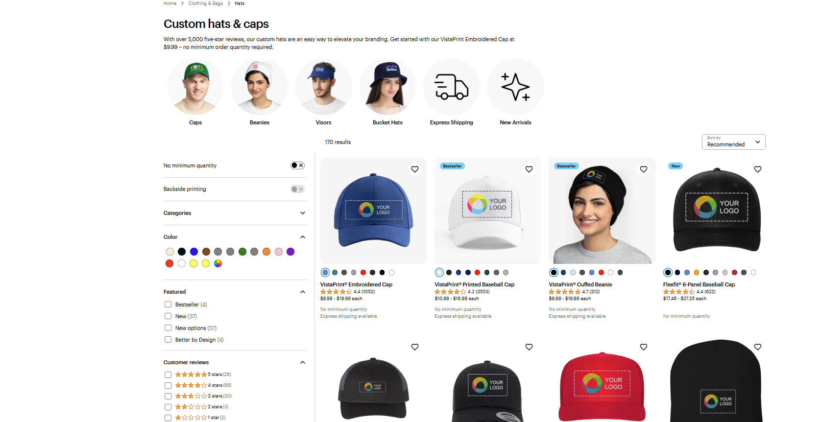 The VistaPrint custom hats gallery displays various headwear styles, filter options and product listings.