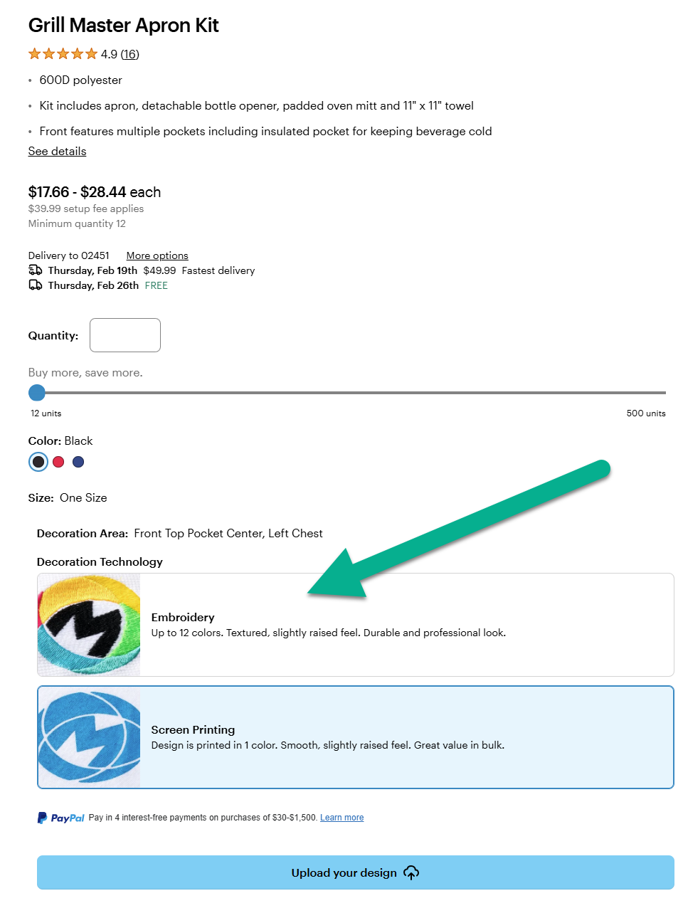 On a VistaPrint product page, the decoration technology options are highlighted with descriptions of the available options.