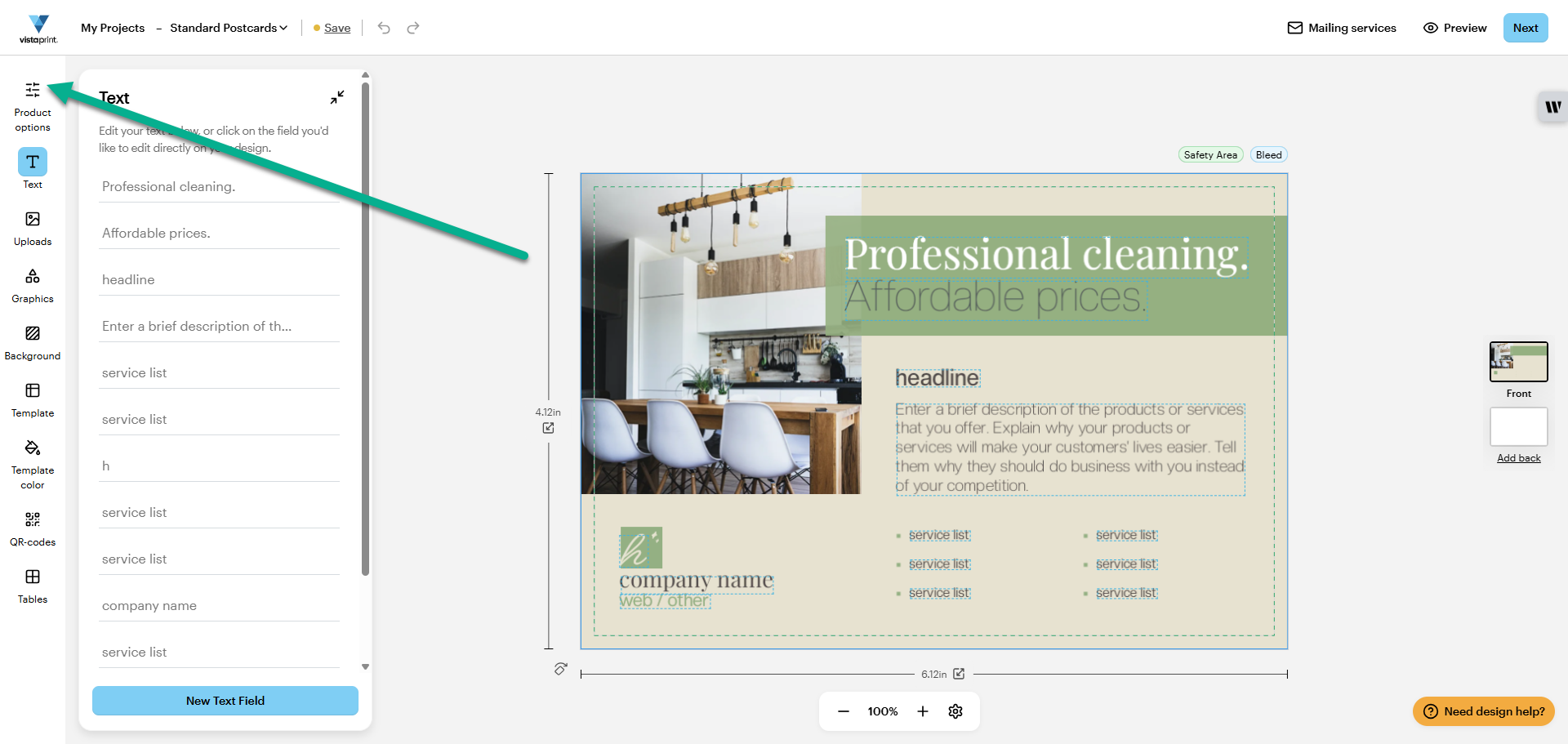 VistaPrint design studio with arrow pointing to the