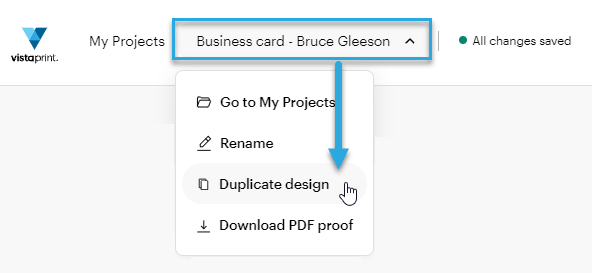 Design Studio menu showing the option to duplicate a design.