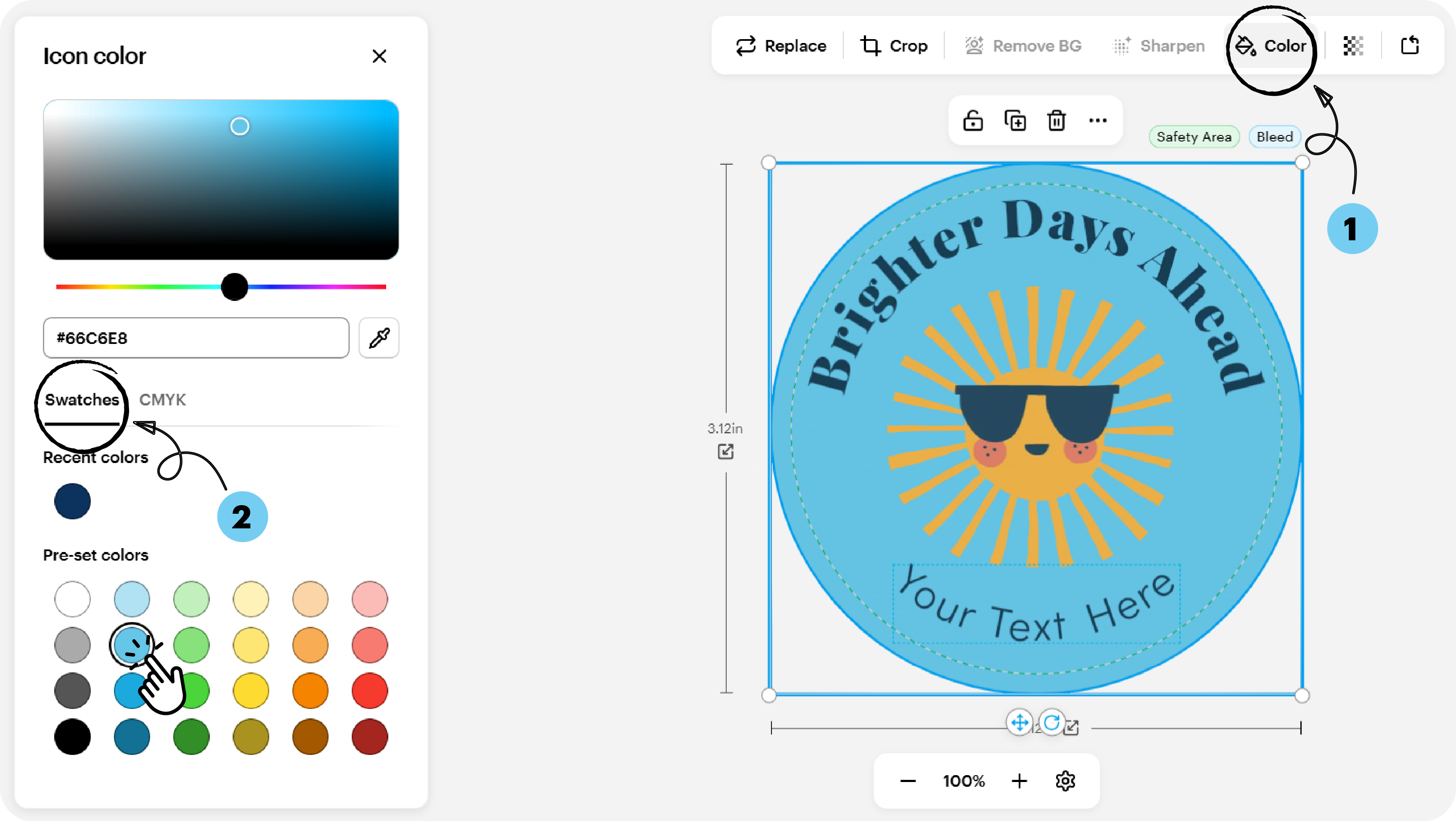 Colour palette open with background colour options.