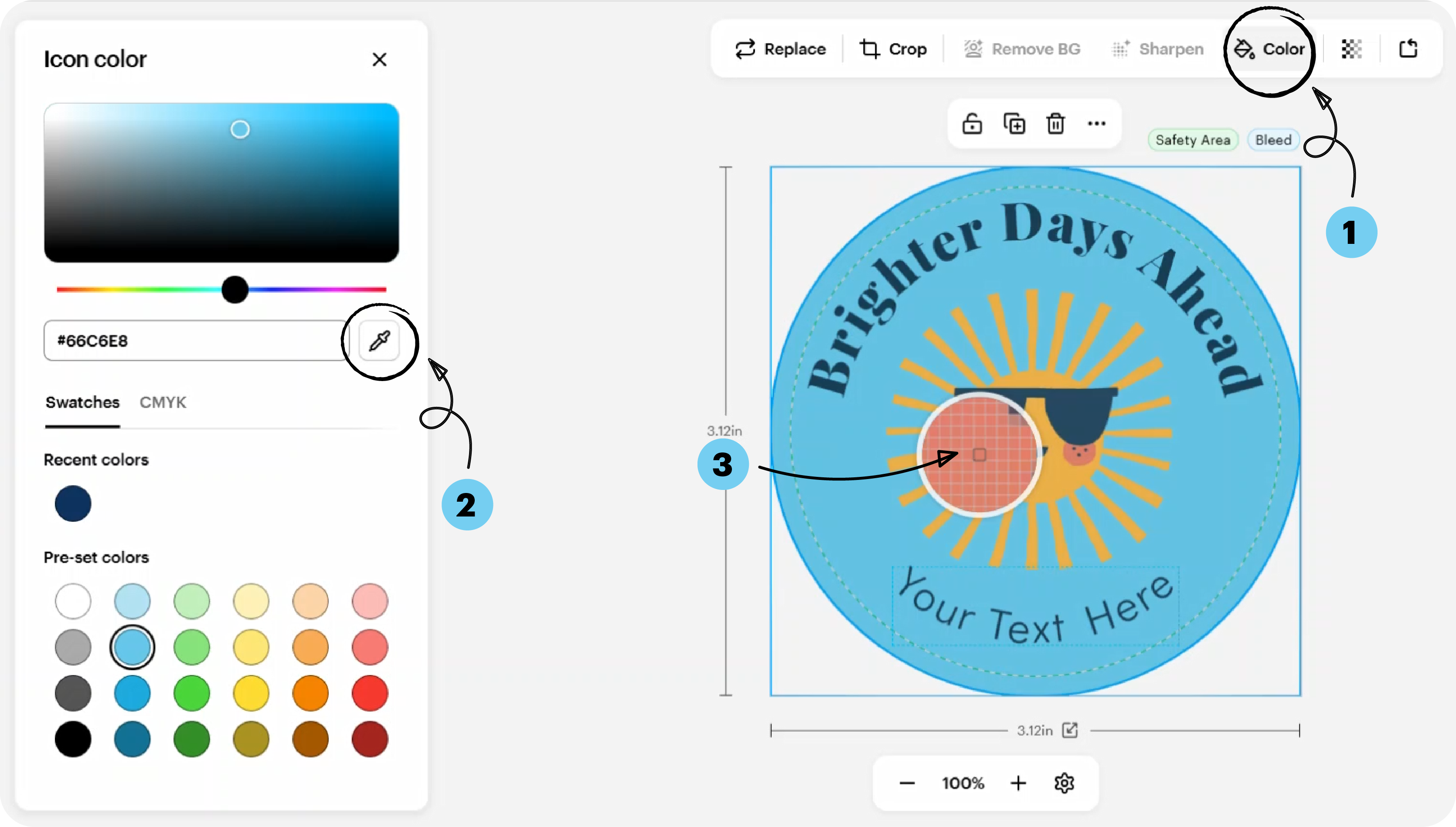 Eyedropper tool selecting a colour from the design.