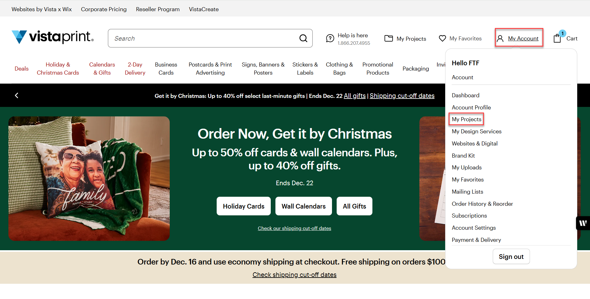 VistaPrint website homepage with the My Account menu open and the option ‘My Projects’ highlighted.