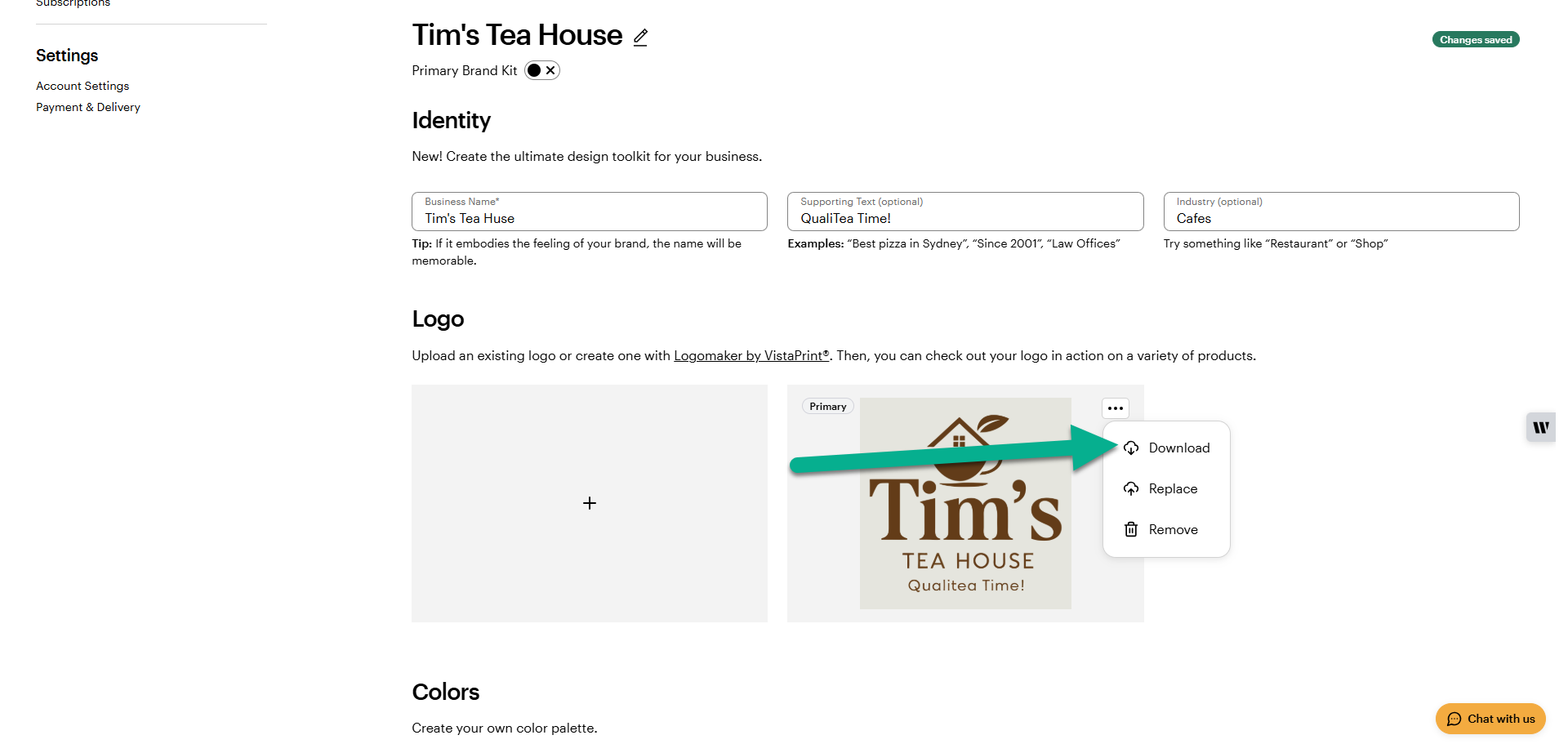 In the Logo section of the VistaPrint Brand Kit, a drop-down menu is open over the brand logo with the Download option highlighted.