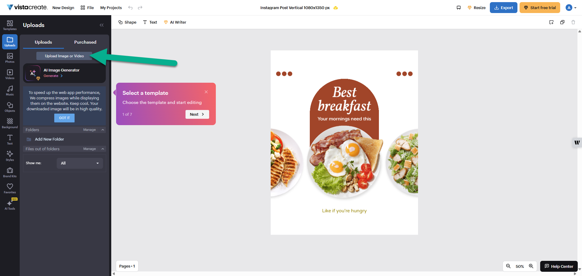 In the VistaCreate editor, the Uploads tab is active in the sidebar and the Upload Image or Video button is highlighted.
