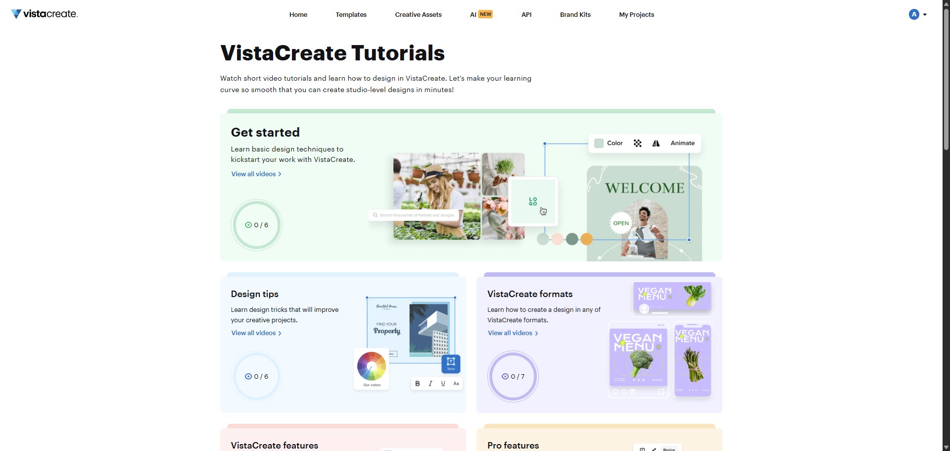VistaCreate Tutorials page with category tiles for Get started, Design tips and VistaCreate formats.