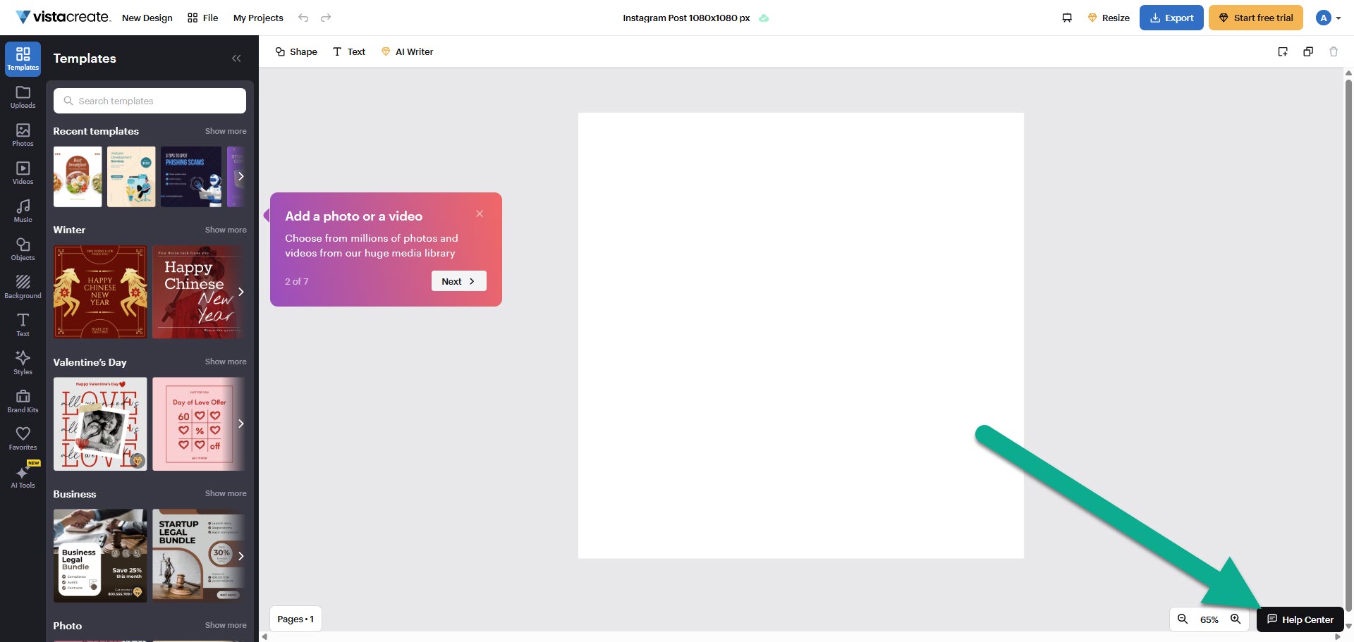 VistaCreate design editor with an arrow pointing to the Help Centre button in the bottom right corner.