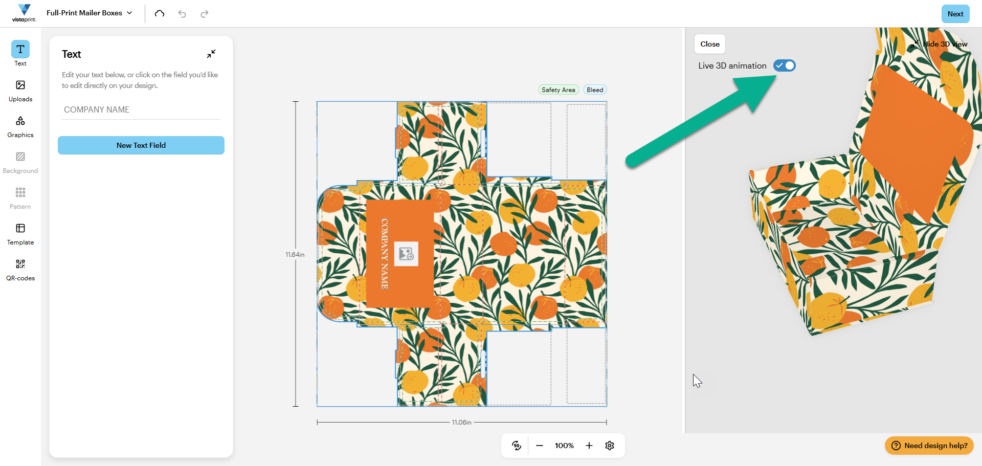 An arrow points to the Live 3D animation toggle to enable or disable the real-time preview animation.