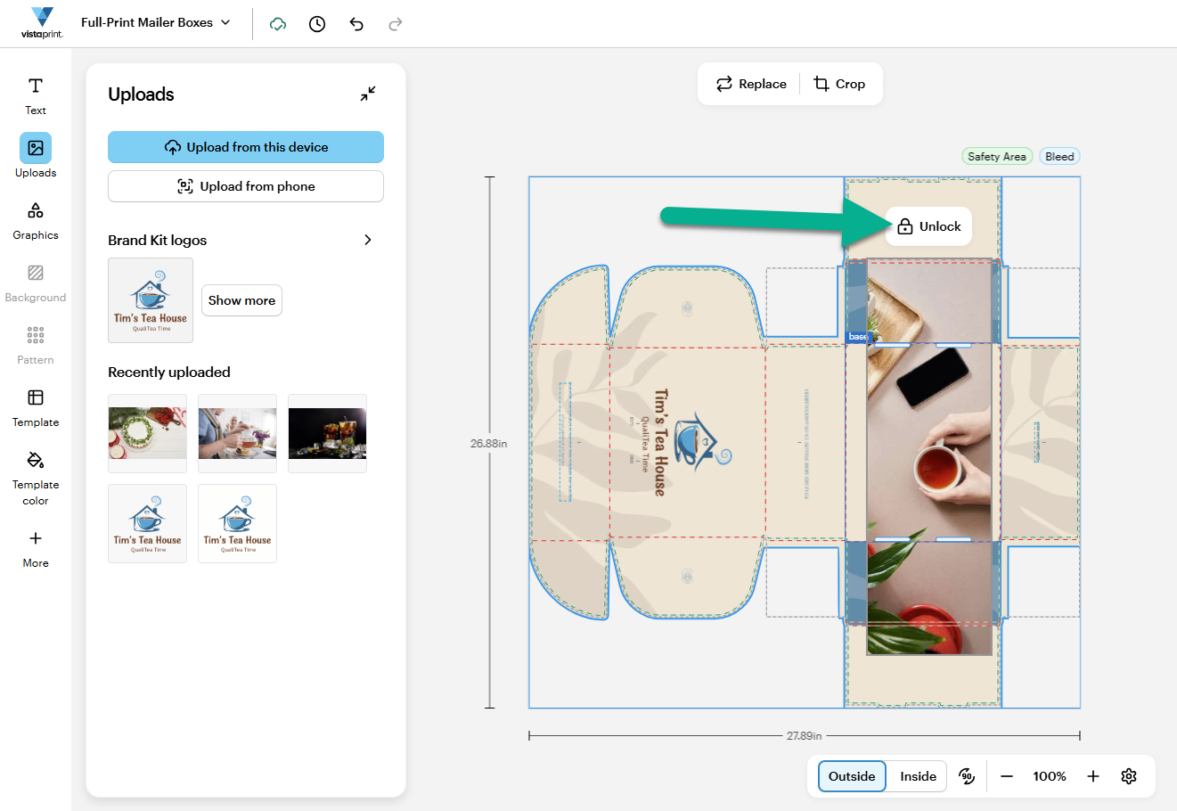 The Unlock button is highlighted above an image on the mailer box template to allow for further editing.