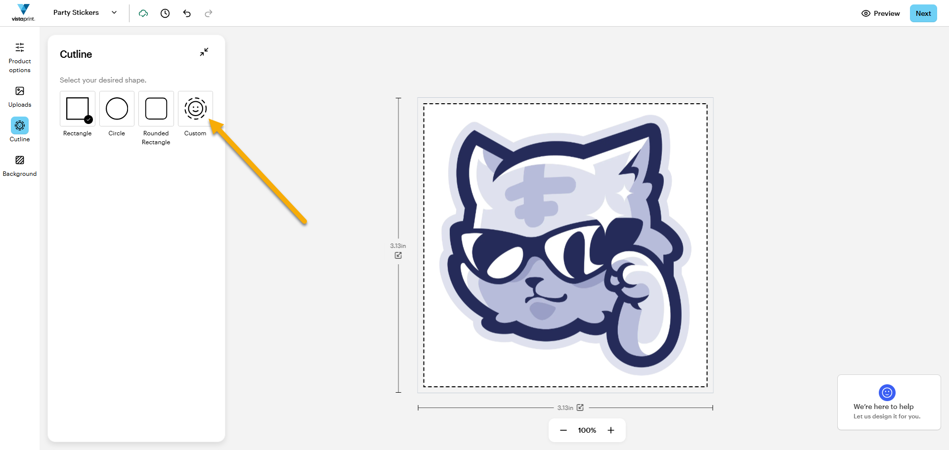 A sticker design in the VistaPrint Studio with an arrow pointing to one of the Cutline options.