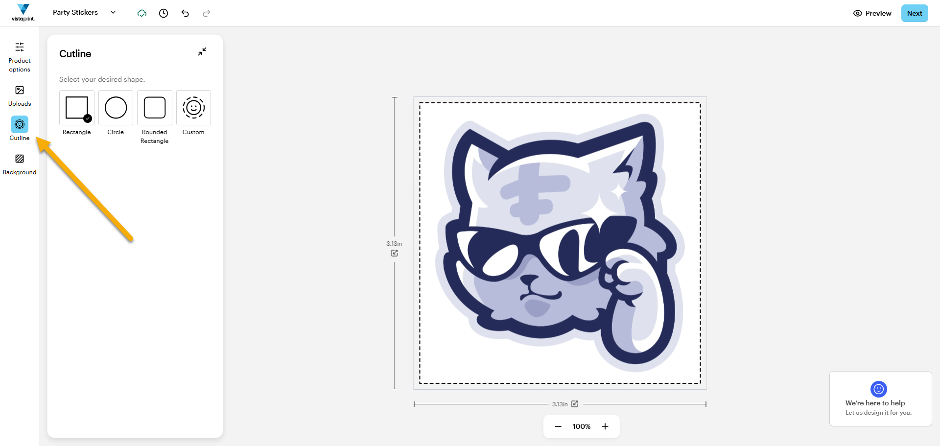A sticker design in the VistaPrint Studio with an arrow pointing to the Cutline button in the toolbar on the left.