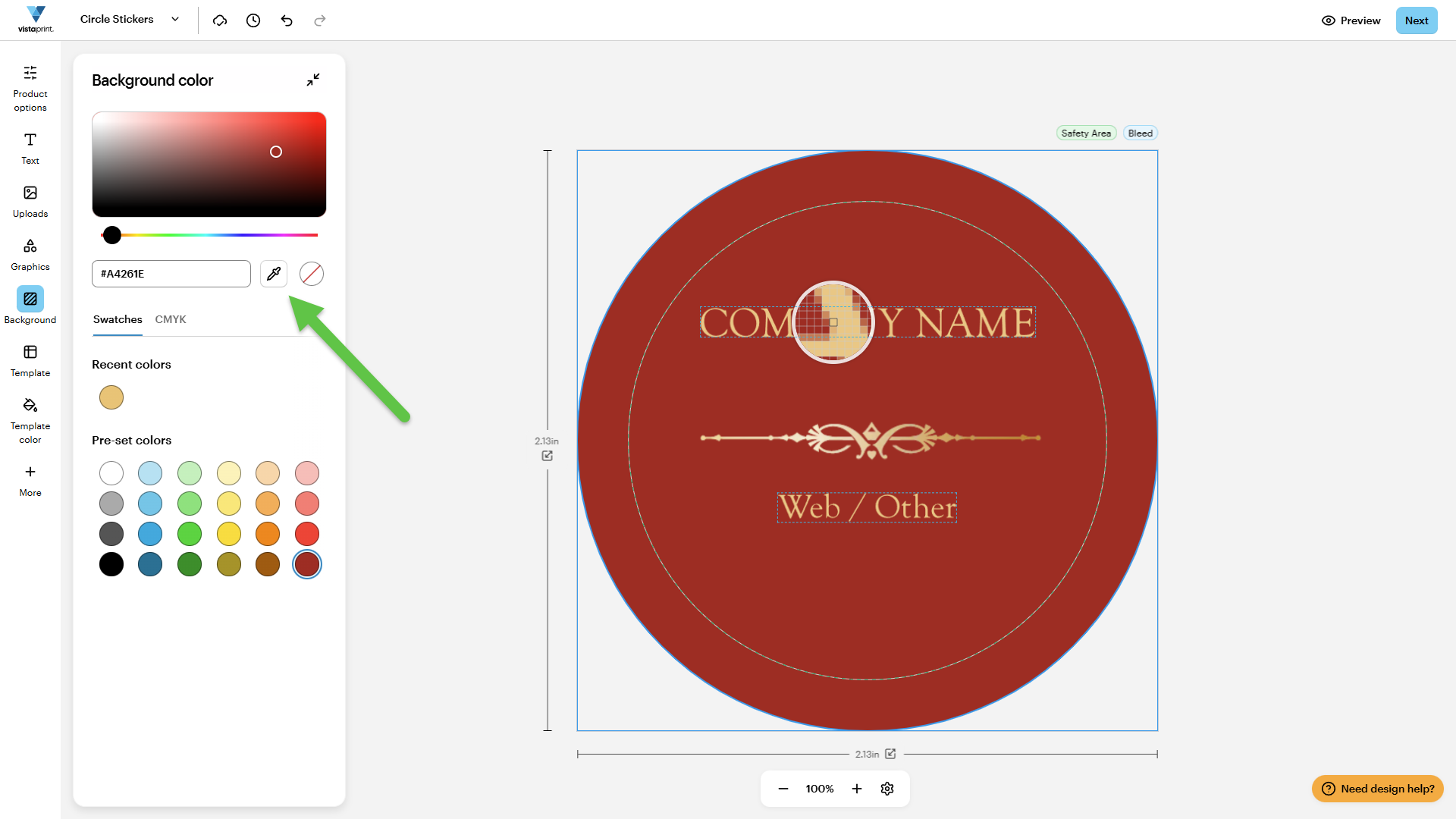 VistaPrint Design Studio showing a sticker with an arrow pointing to the eyedropper tool.