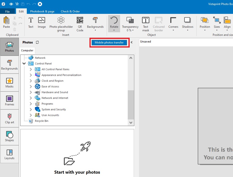 The desktop photobook editor with the option ‘Mobile photos transfer’ highlighted.