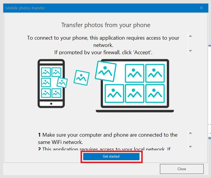 A pop-up with the title ‘Transfer photos from your phone’ and the option to ‘get started’