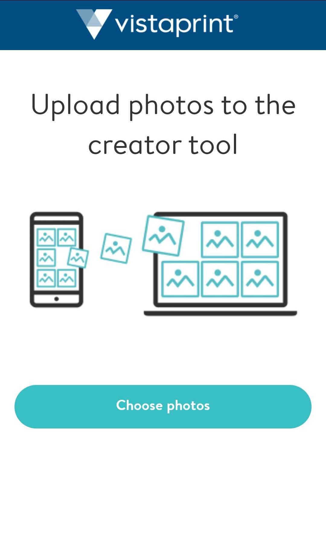 Mobile screen with the headline ‘upload photos to the creator tool’ and the option to ‘choose photos’