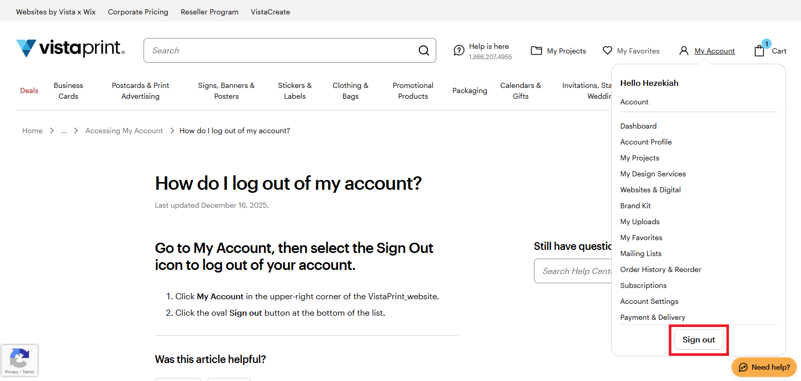 My Account menu open on the VistaPrint website, with the Sign Out option highlighted.