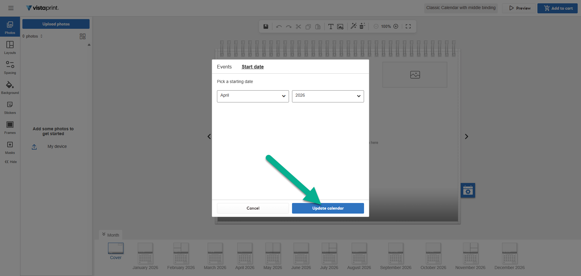 An arrow points to the Update calendar button at the bottom of a date selection pop-up window.