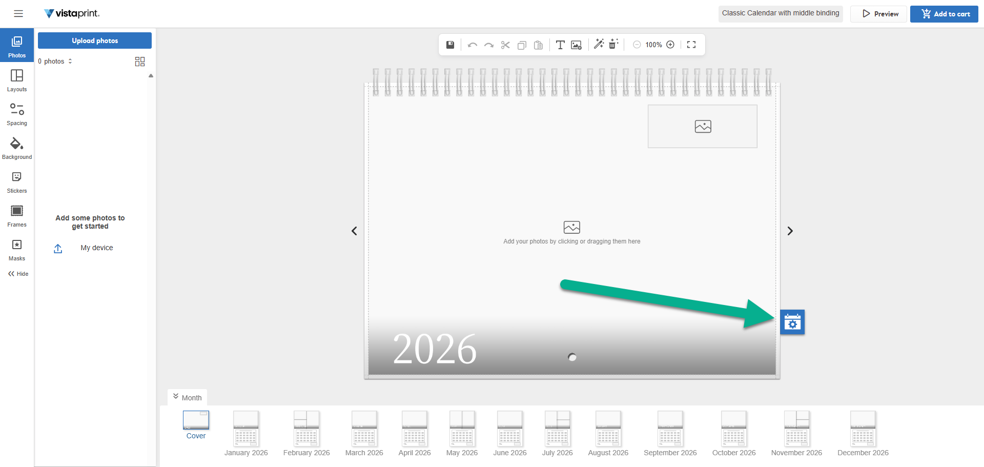 An arrow points to a blue calendar settings icon on a VistaPrint calendar project displaying the year 2026.