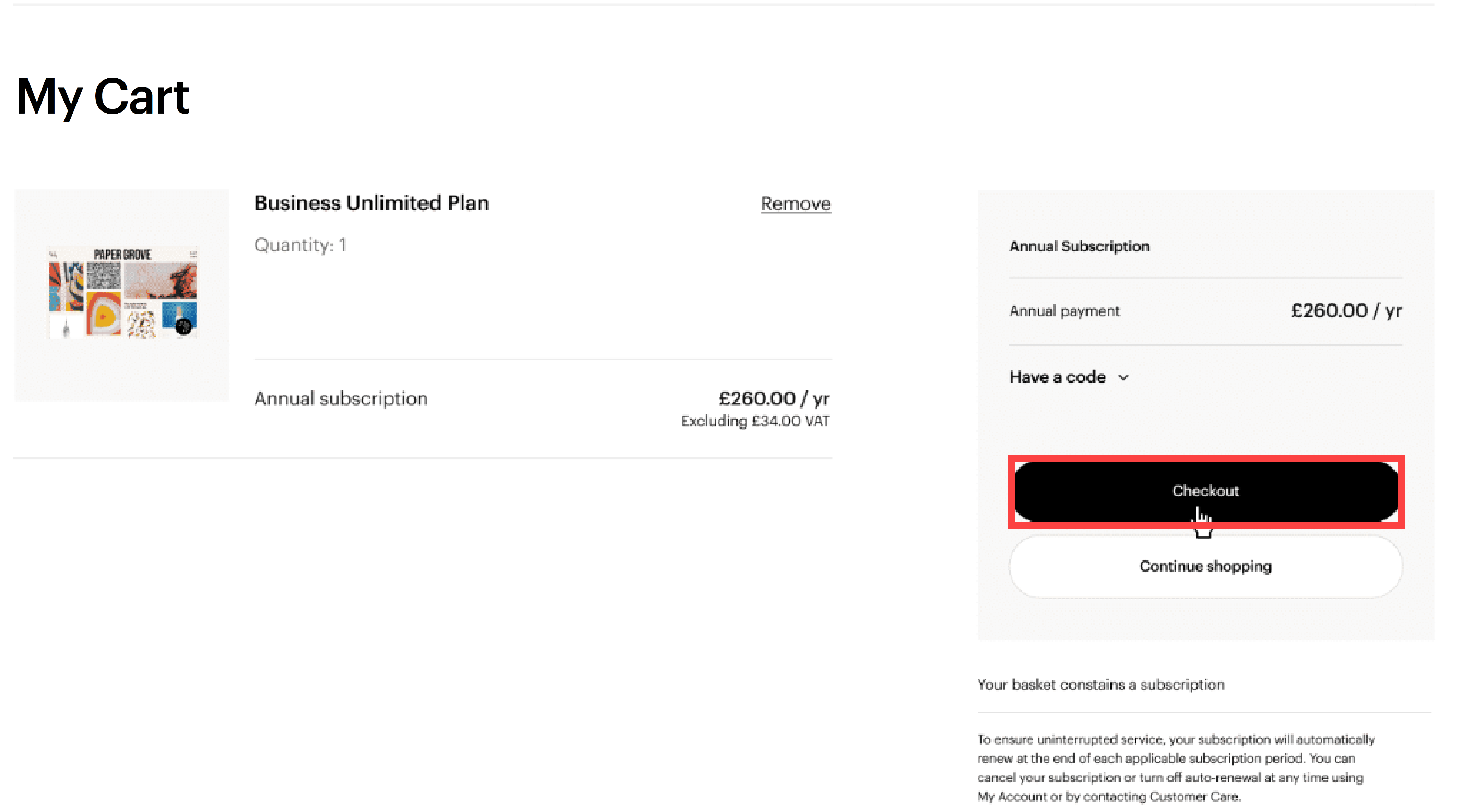 VistaPrint shopping basket with a Website plan and the Checkout button highlighted.