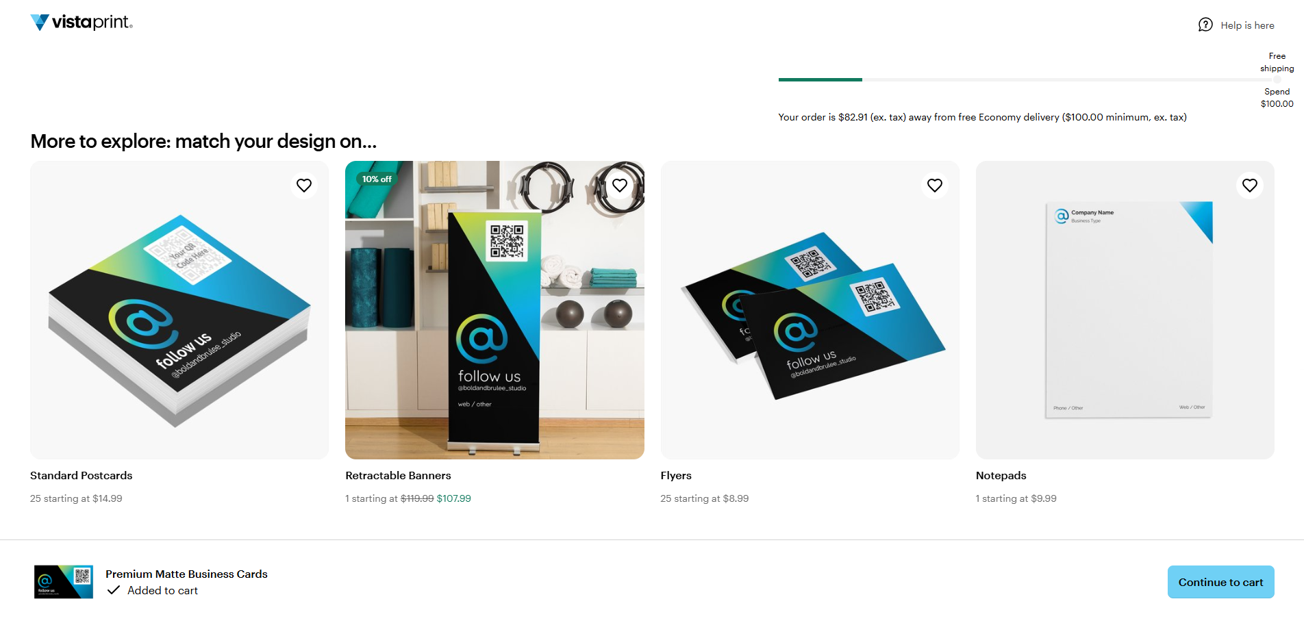 Four products with similar designs as the business card above. It shows postcards, a retractable banner, flyers and notepads