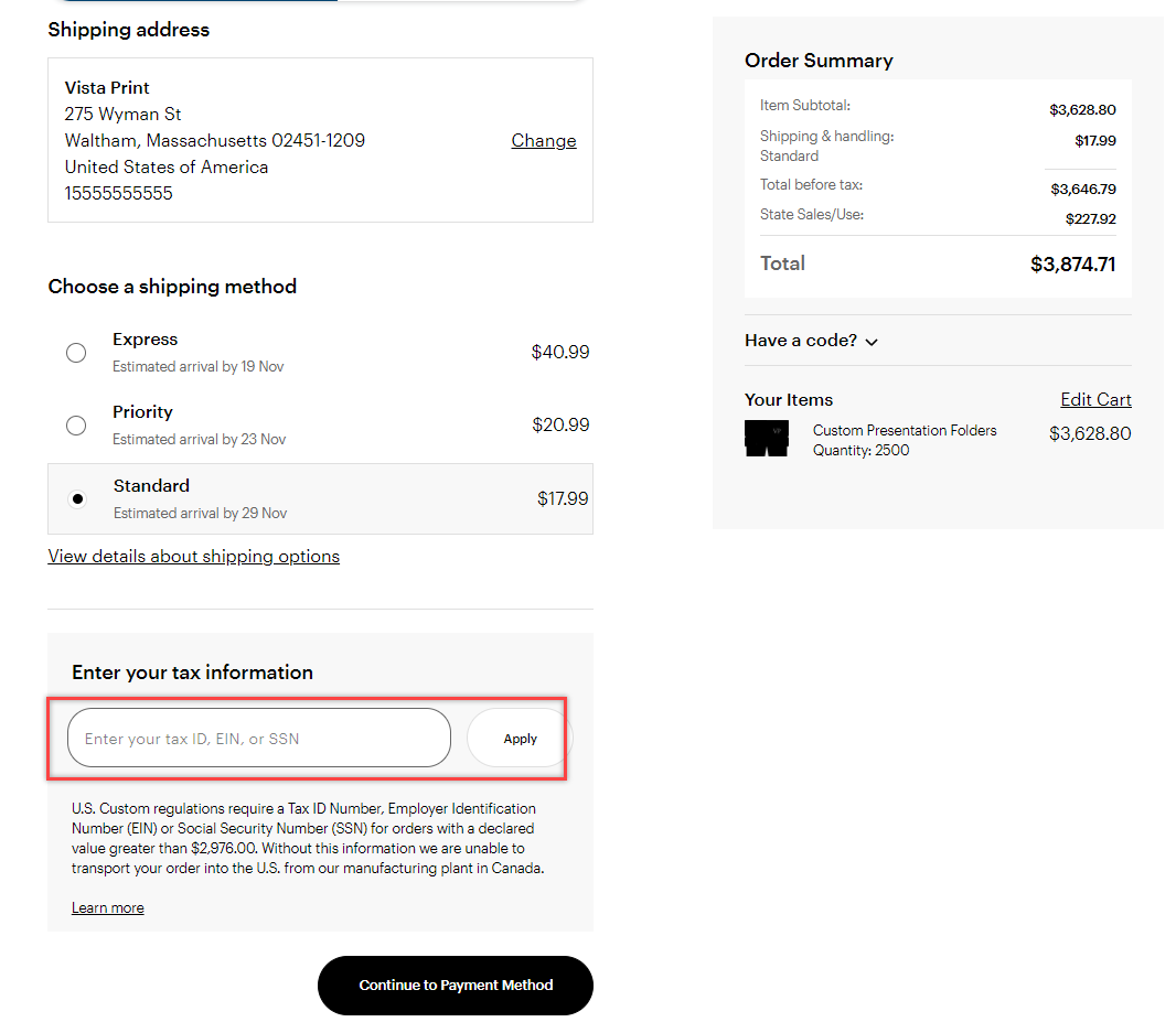 The checkout page shows a tax information field where you enter a tax ID, EIN or SSN and select Apply before continuing.