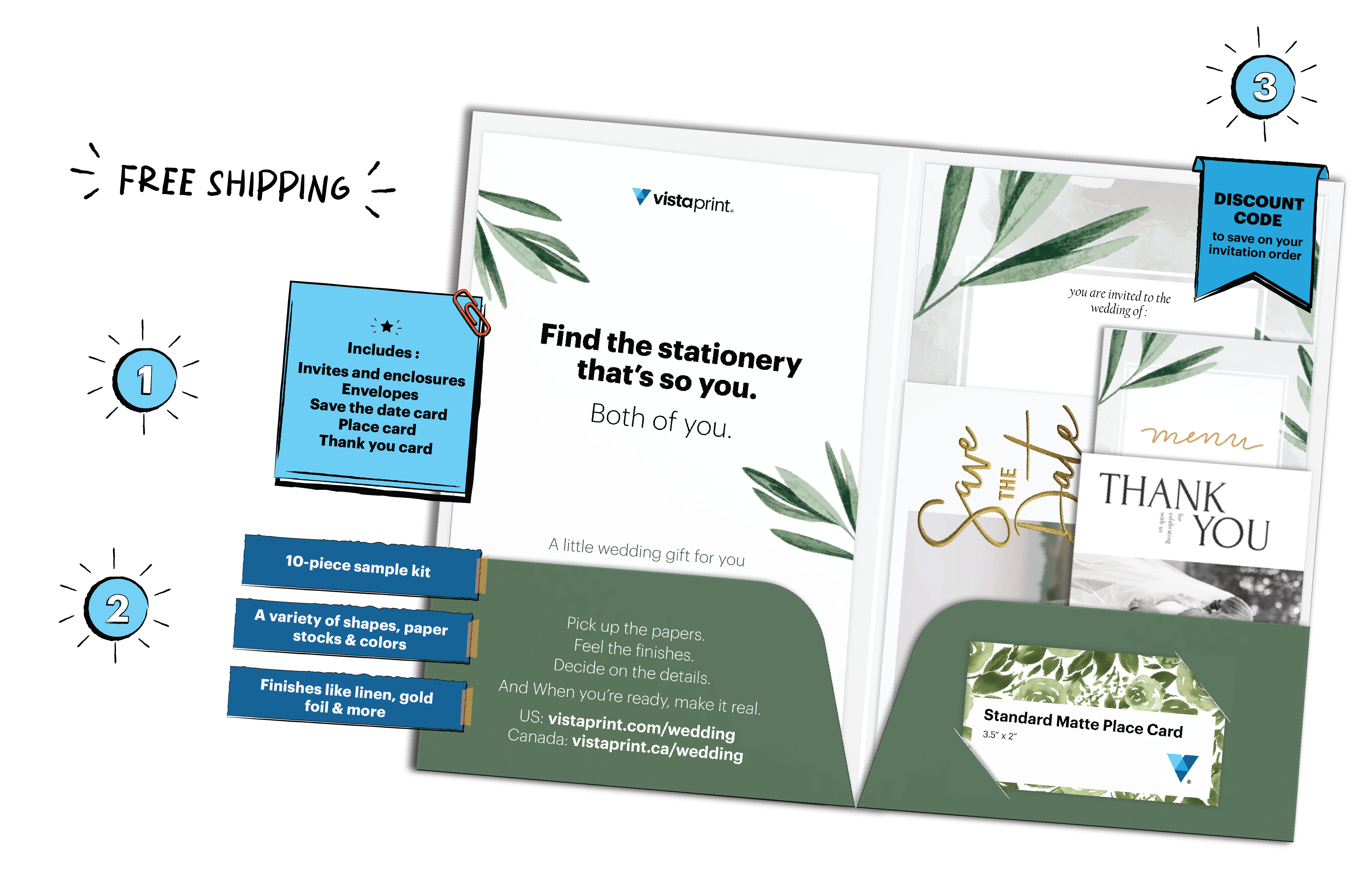 Wedding sample kit with different wedding stationary and a call-out mentioning free shipping