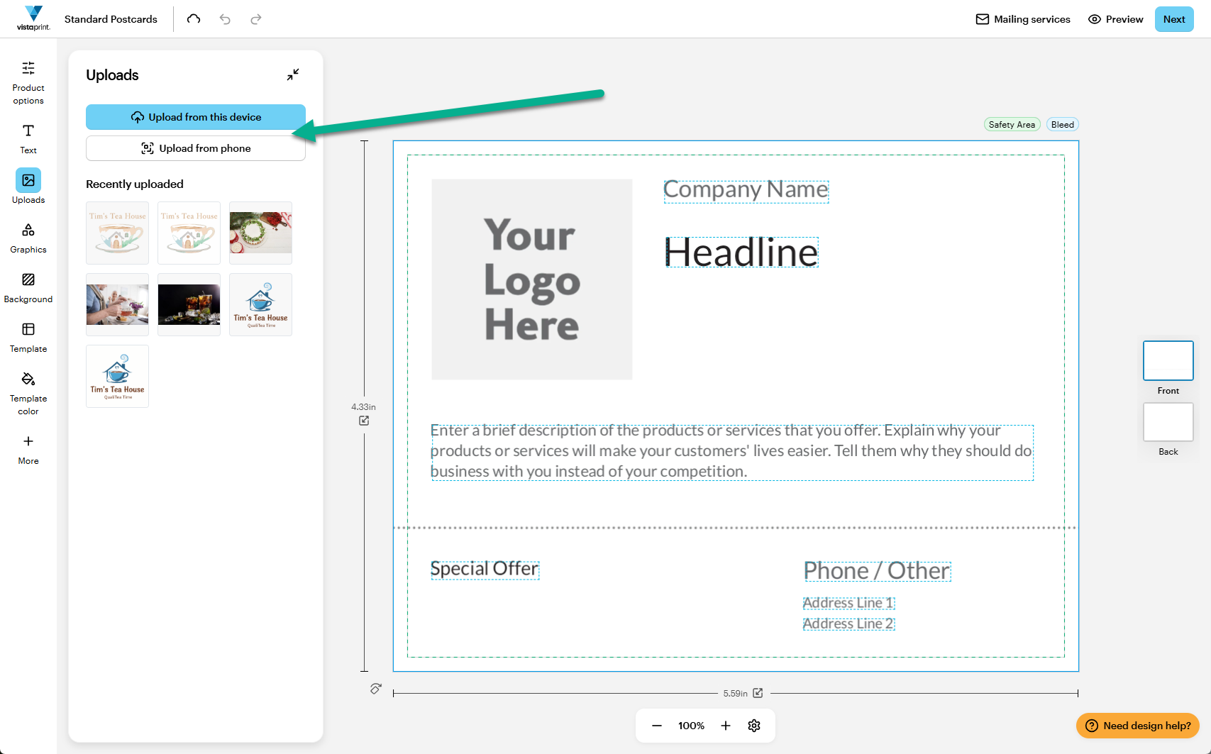 A green arrow points to the Upload from this device and Upload from phone buttons within the Uploads tab of the VistaPrint Design Studio.