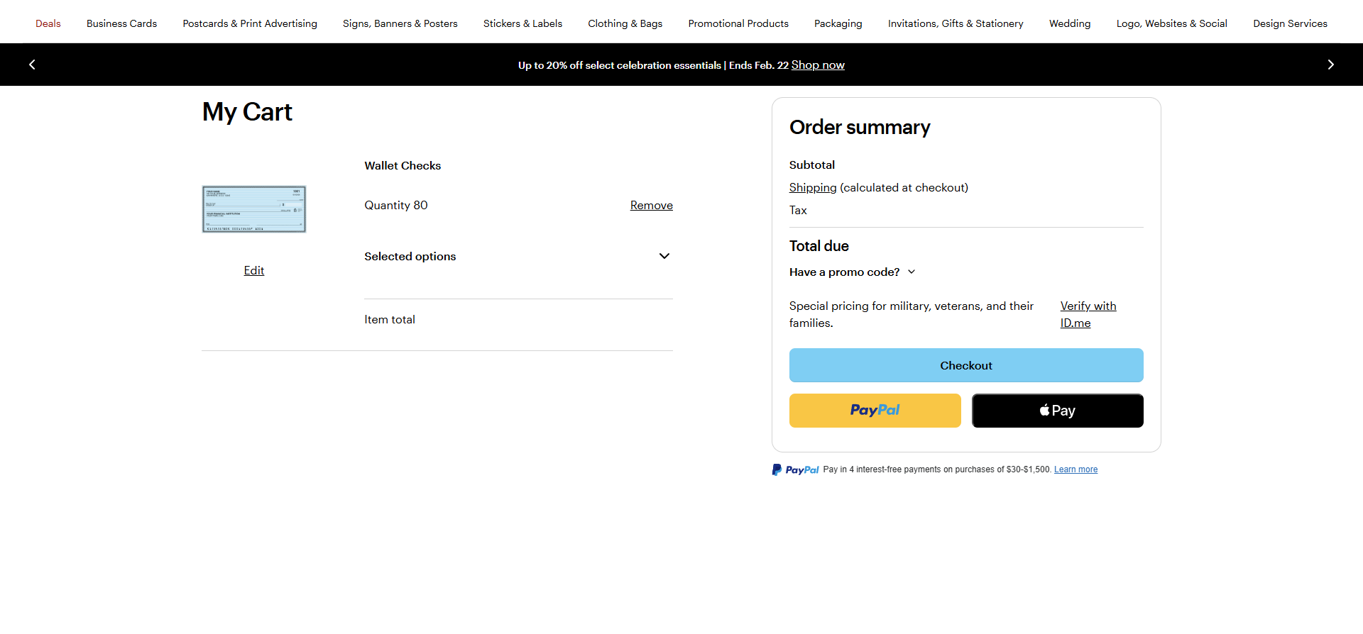 Vistaprin's Cart page showing the order information.