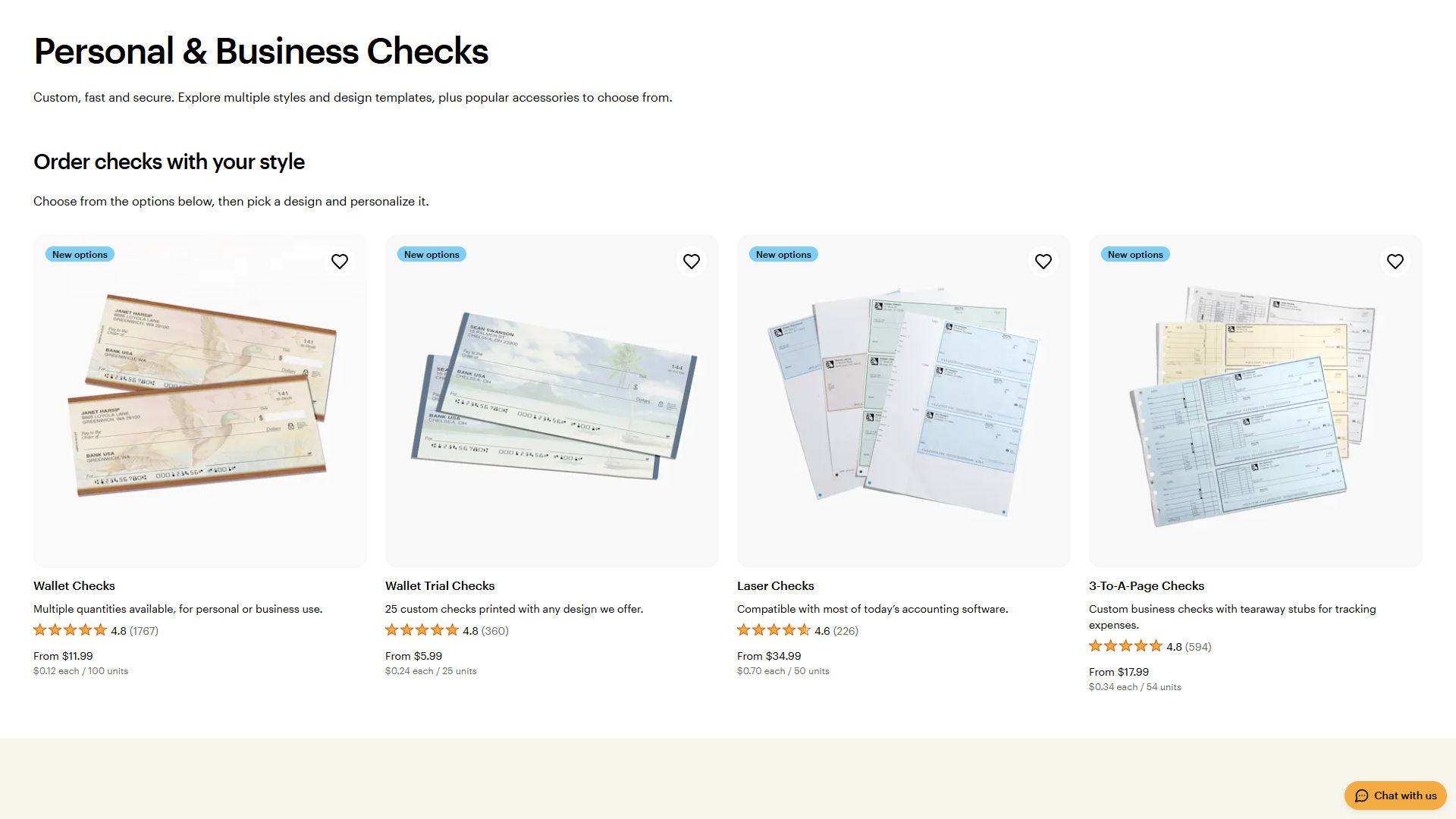 VistaPrint Checks products page.