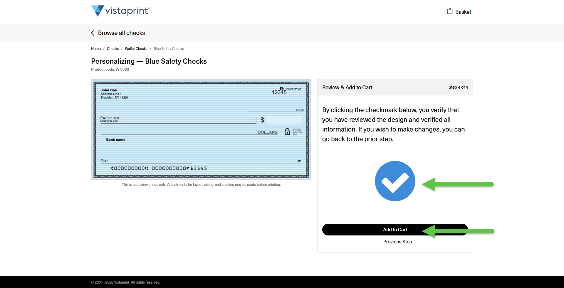The Checks design studio showing a design preview with an approval checkmark and the Add to Cart button highlighted.