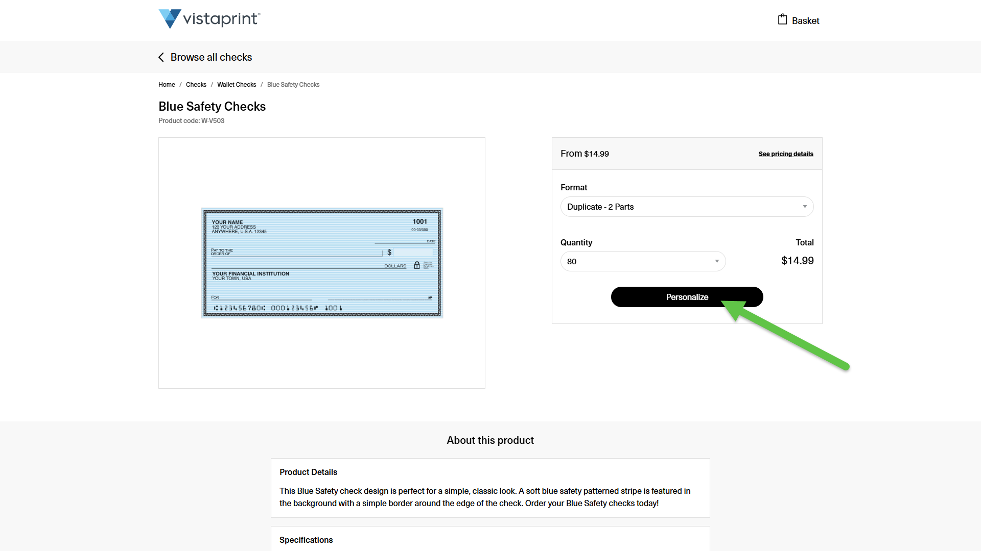 The Checks product page highlighting the Personalize button.