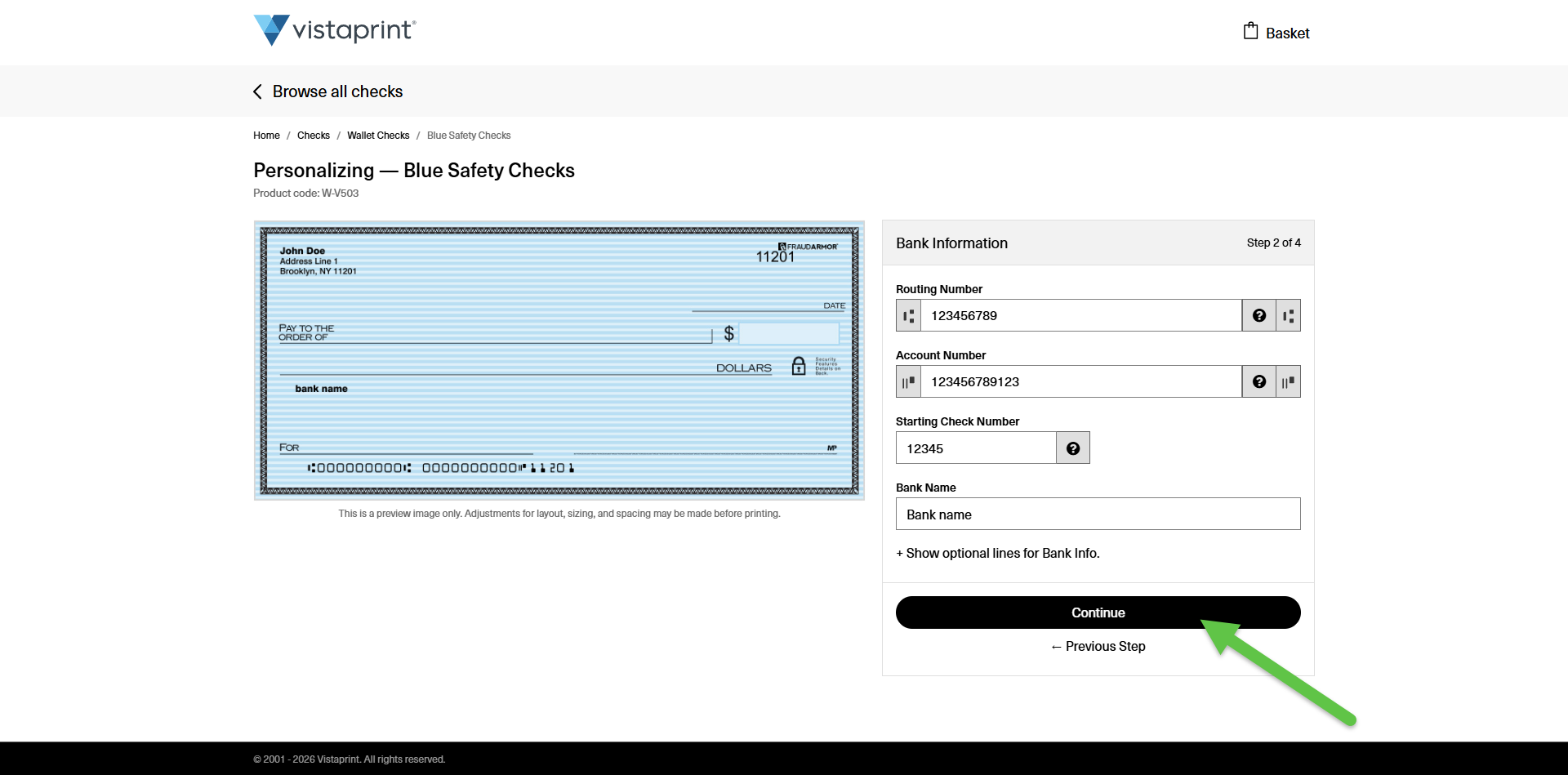 The Bank Information section in studio highlighting the Continue button.