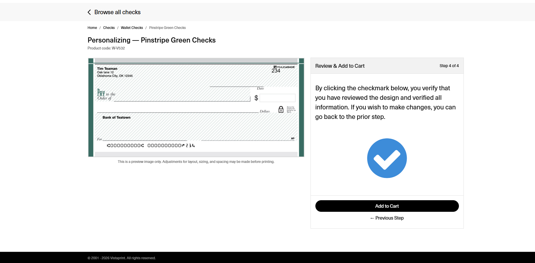 Design review page with a large blue checkmark icon to verify that all personalized information on the check is correct.