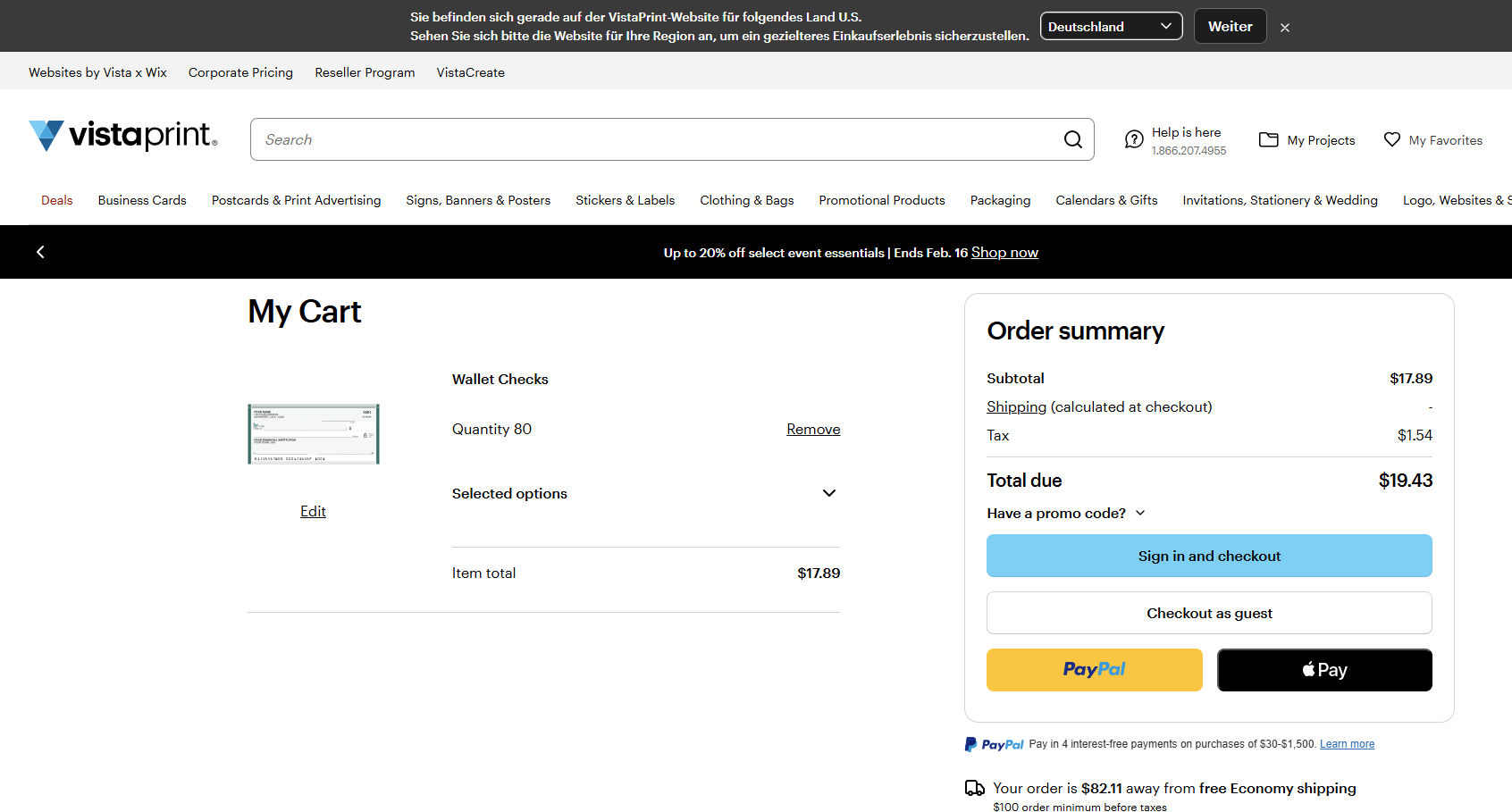 VistaPrint cart page displaying an order summary of 80 wallet checks with a total due and various checkout payment buttons.