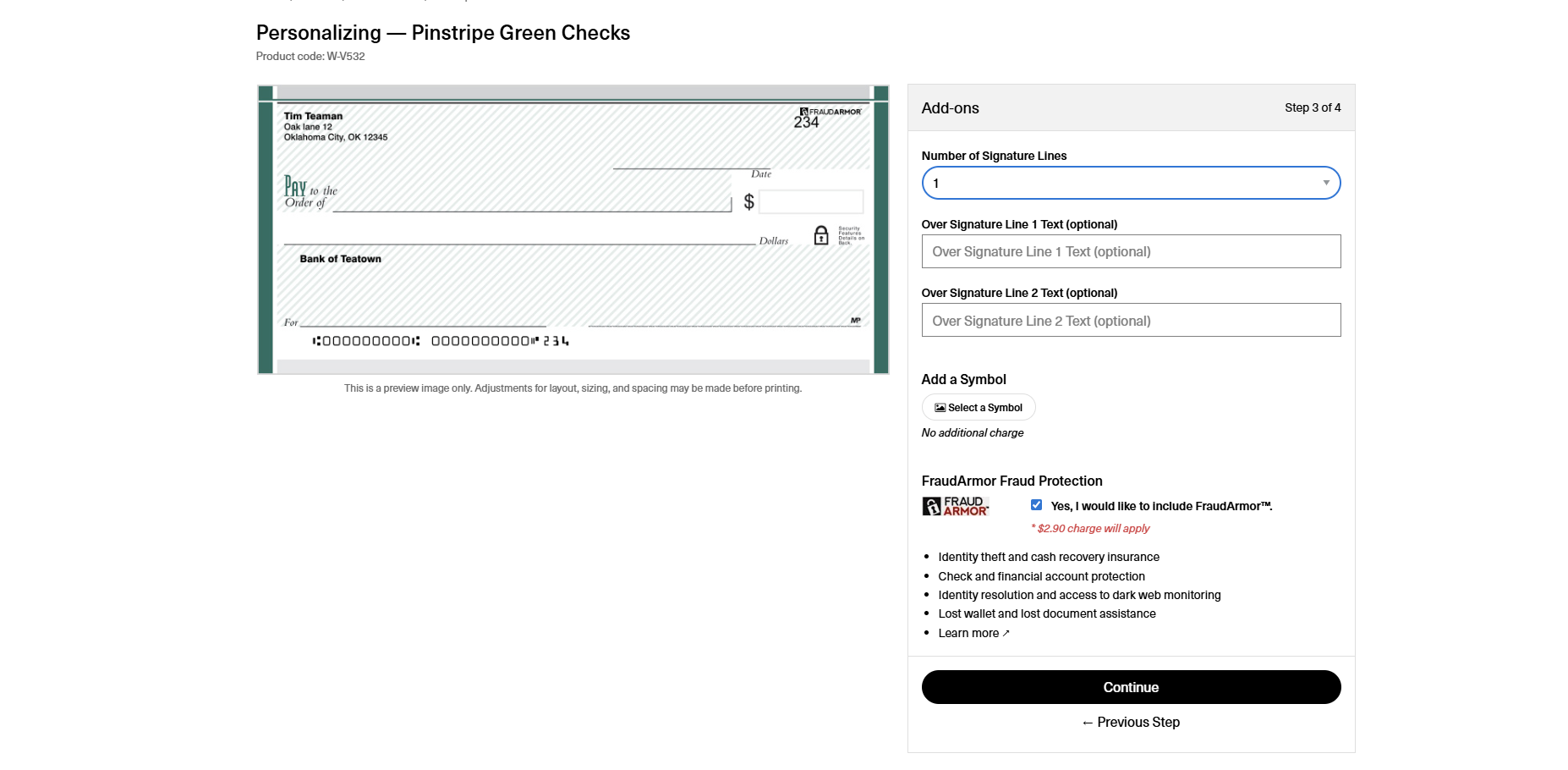 Step for selecting check add-ons, including signature line count, custom text, symbols and FraudArmor protection.