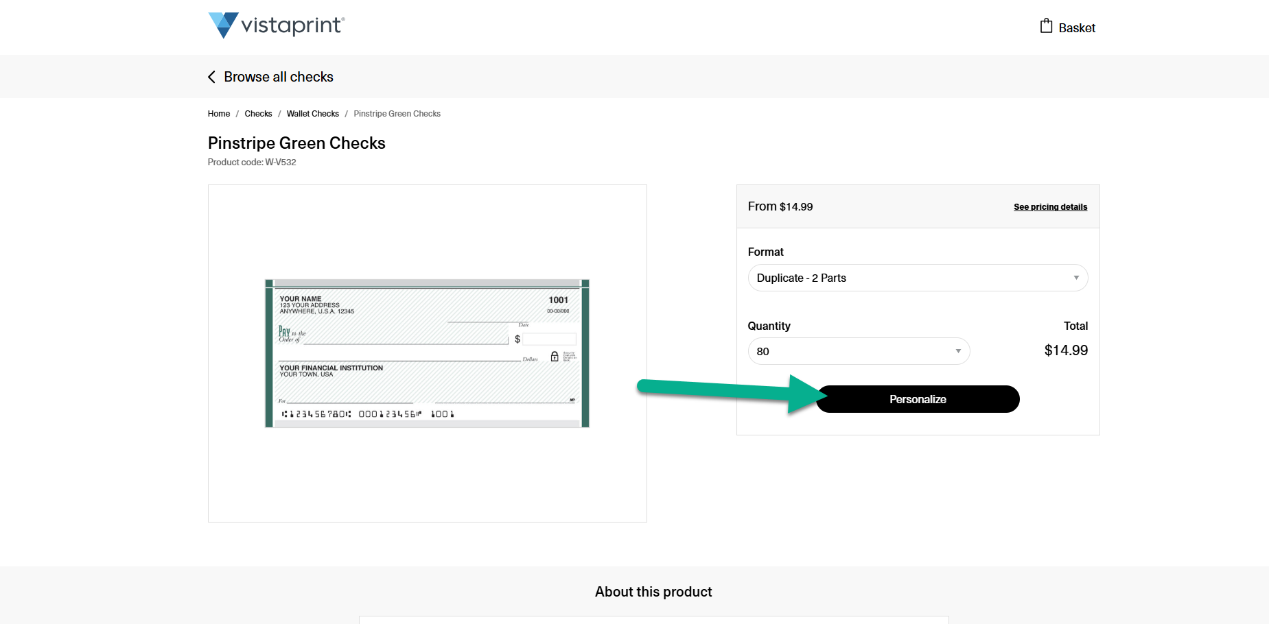 Product page for Pinstripe Green Checks, showing dropdown menus for selecting the check format and a quantity of 80.