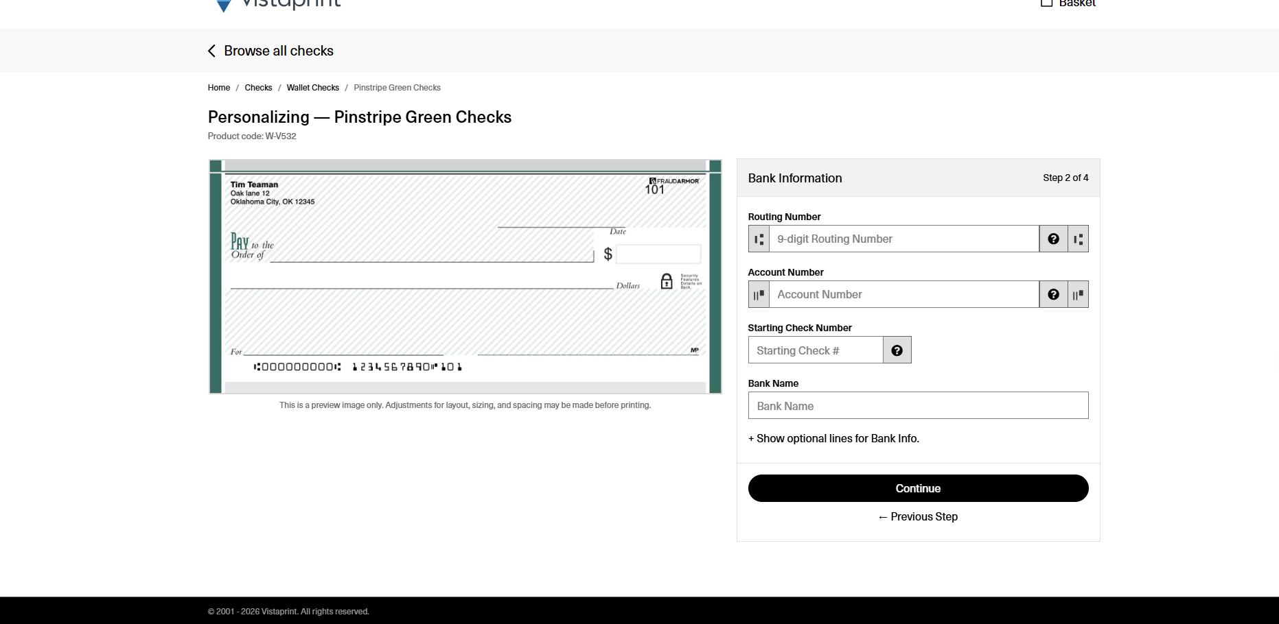 Form for entering bank details, including routing number, account number, starting check number and bank name.