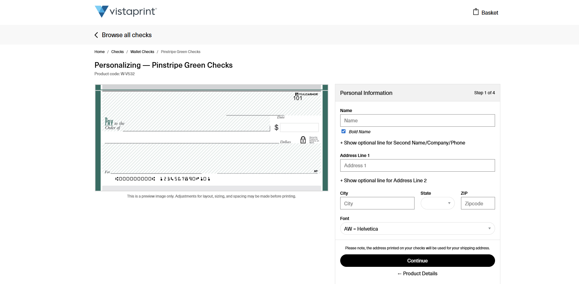 Interface for entering personal information, including name and address fields, to customize a Check.