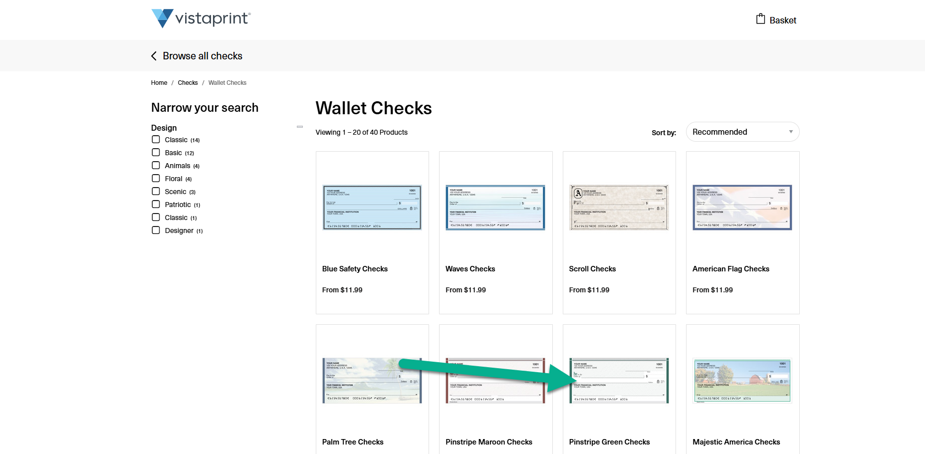 Gallery page showing various check design templates, with Pinstripe Green Checks selected among the options.