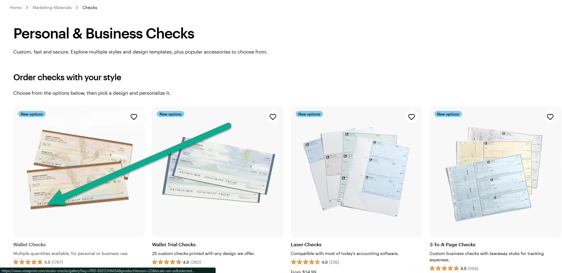 Product selection page featuring different check types, including Wallet Checks, Laser Checks and 3-To-A-Page Checks.