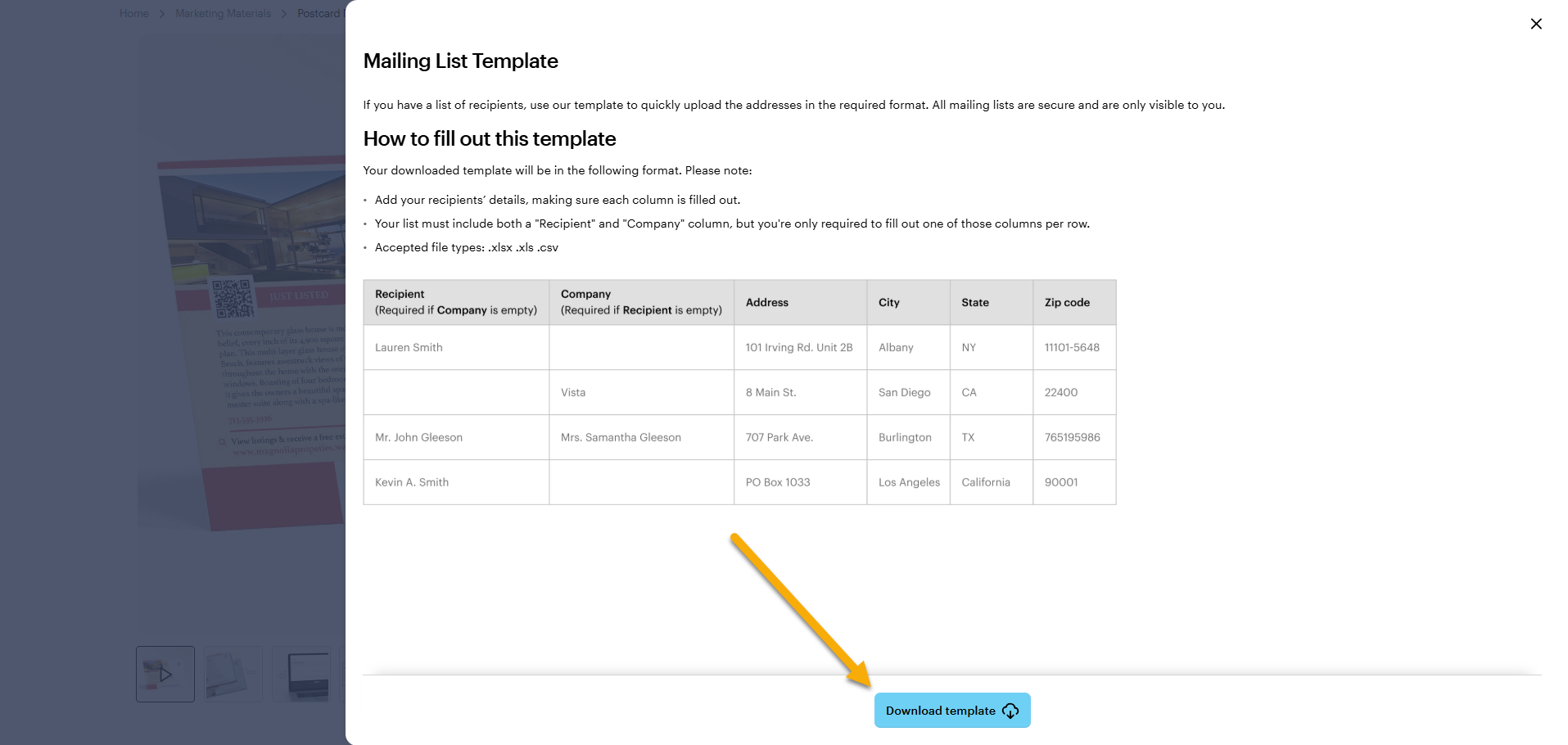 Instructions on how to use and fill out the template with an arrow pointing to where you can download the template.