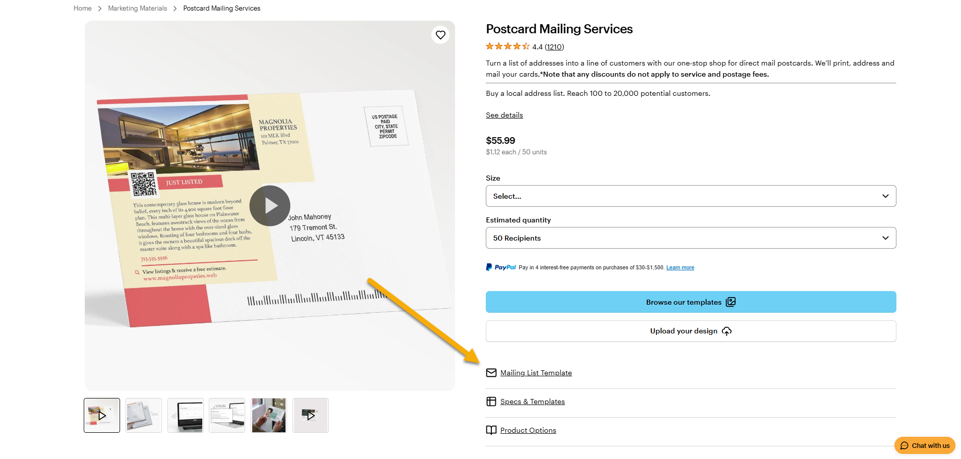 The Postcard Mailing Services product page with an arrow pointing to where you can find the Mailing List Template.
