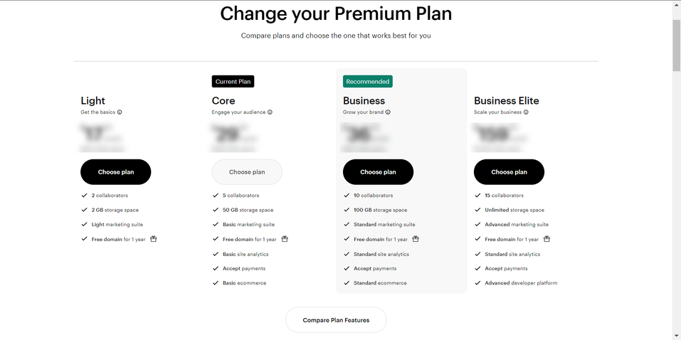 La página «Cambiar plan premium» muestra los planes disponibles, entre los que se incluyen Light, Core, Business y Business Elite, con los botones «Elegir plan».