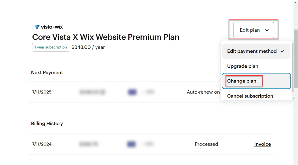 Aparece la página de suscripción de la página web con el menú «Editar plan» abierto y la opción «Cambiar plan» resaltada.